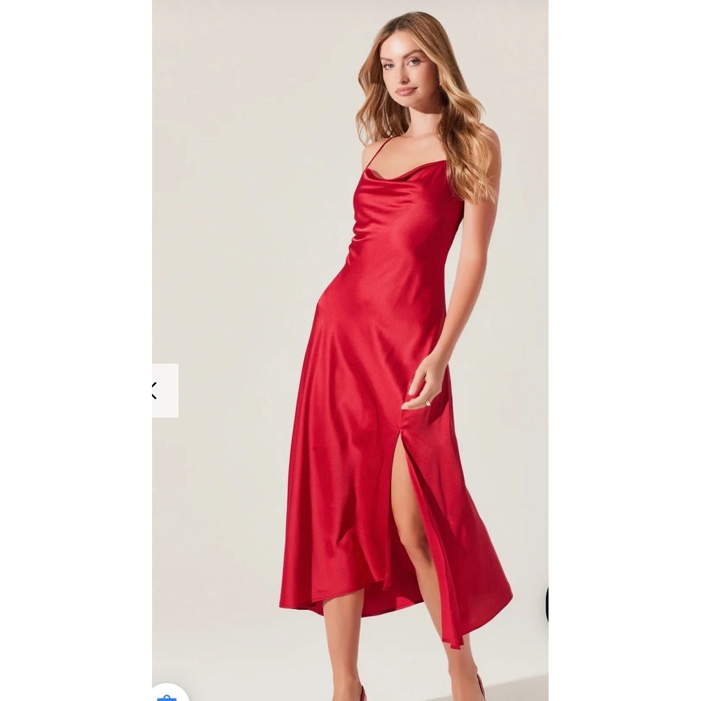 ASTR the Label Gaia Cowl Neck Midi Dress Red Satin ADR100893-003 Womens XL NWT